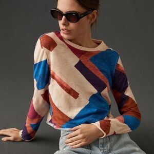 Anthropologie Maeve Long Sleeved Brown Motif Printed Tee Size X Small